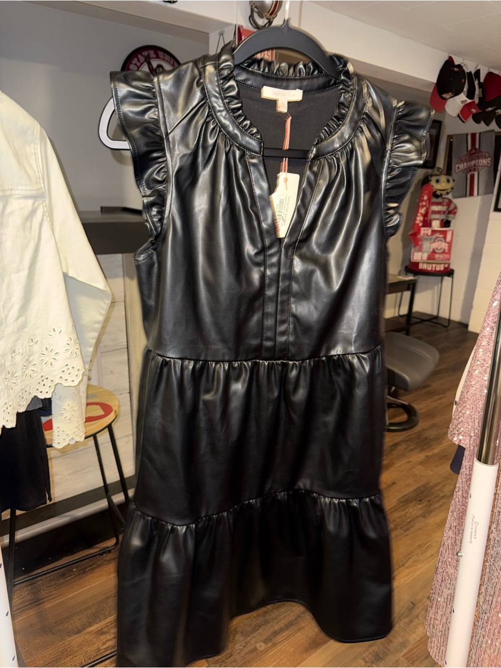 Skies Are Blue Black Faux Leather Ruffle Tiered Mini Dress XS NWT